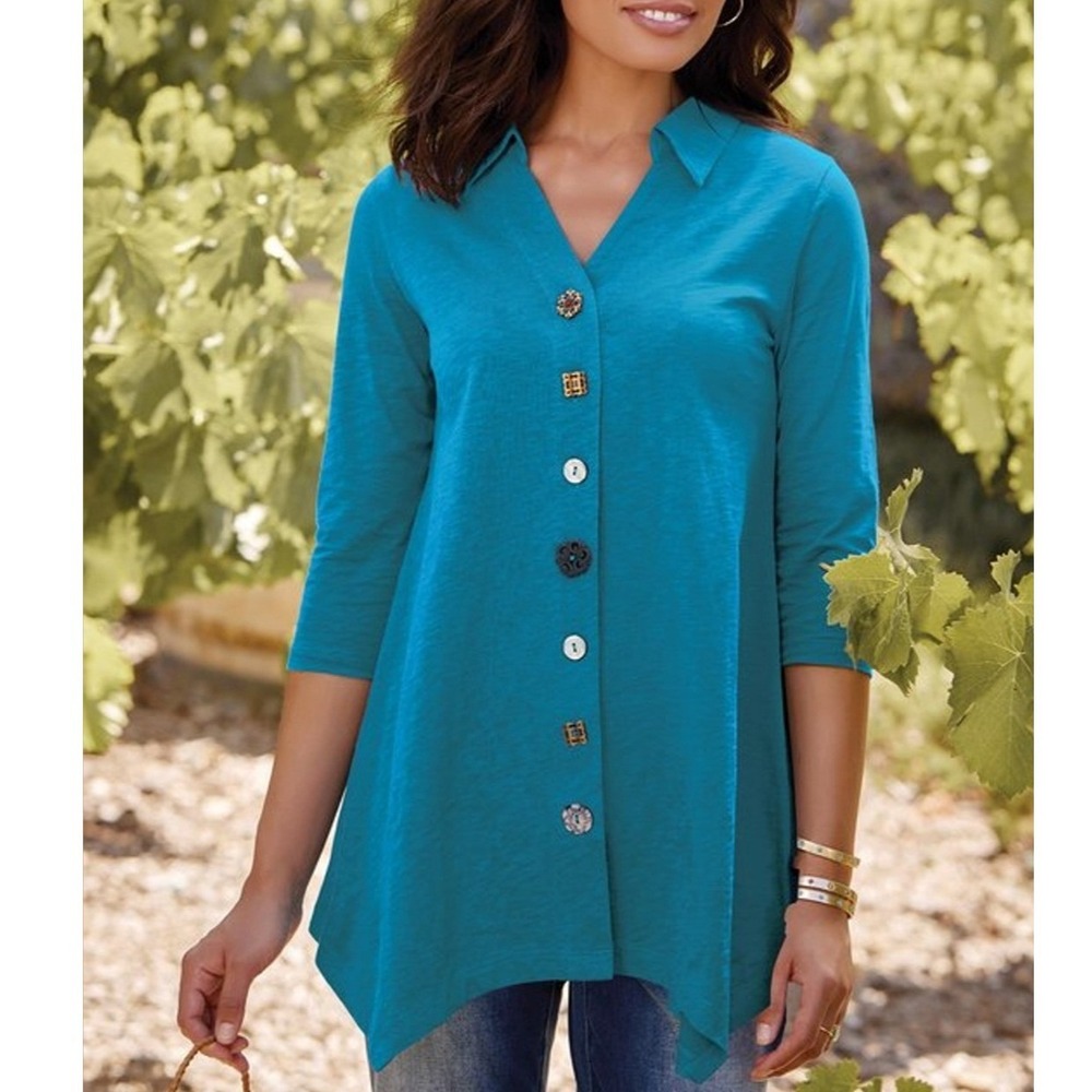 Soft Surroundings NWOT Women‎ Danielle Button Tunic 3/4 Sleeve Teal Blue Top XS